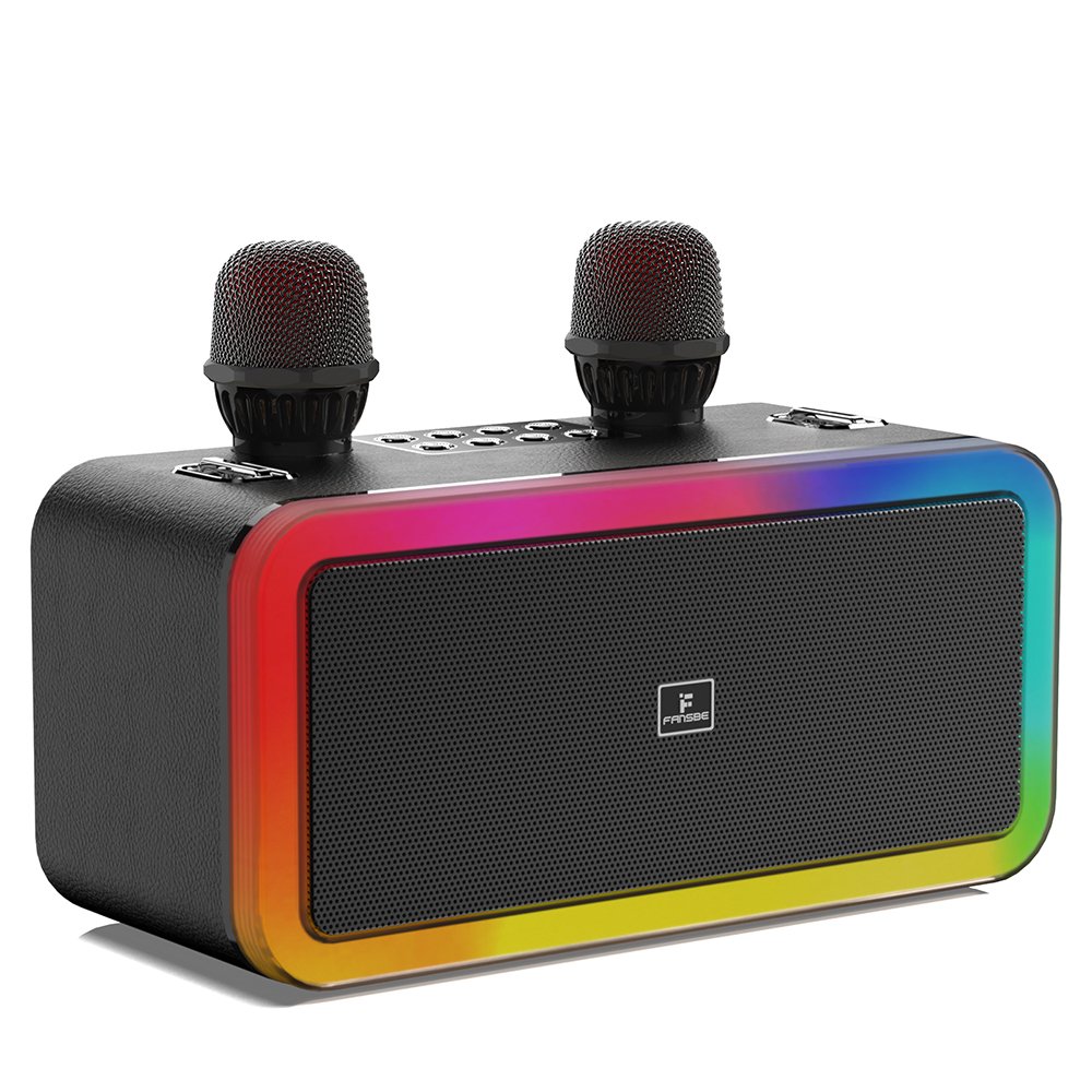 RGB Karaoke Machine Bluetooth 2 Microphones Sound Effects Kids Adults Portable Wireless TF USB Light Home Party Outdoor Indoor Black