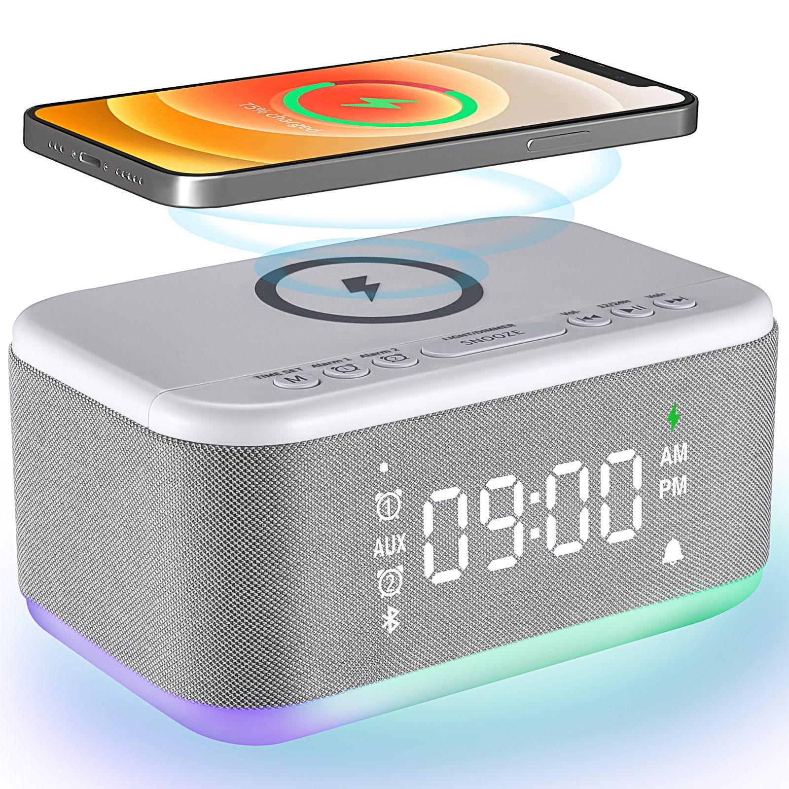 Alarm Clock Speaker Wireless Charger Bedrooms Dual Alarm Snooze Dimmer 12 24H RGB Night Light Bluetooth